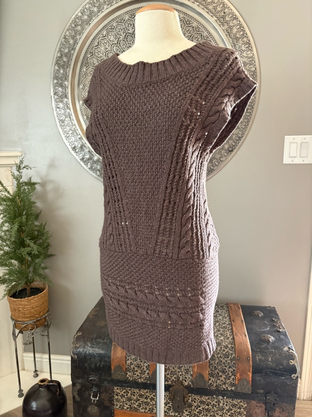 Free People Brown  Chunky Cable Knit Wool Alpaca Sweater Dress/ Vest